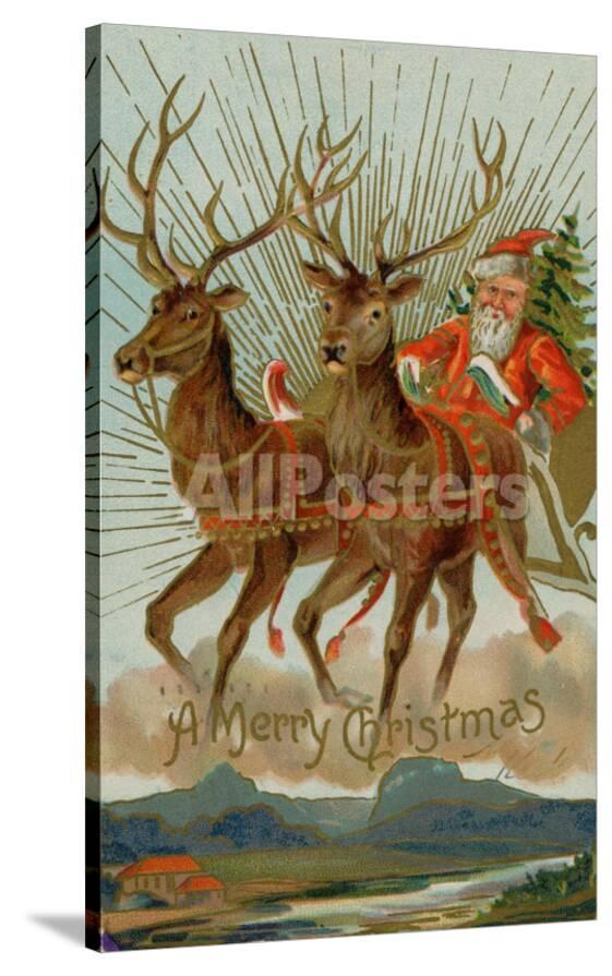 santa and his reindeer flying through the sky with a sleigh full of