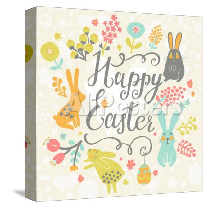 Bright Happy Easter Card In Vector Funny Rabbits Chicken Eggs