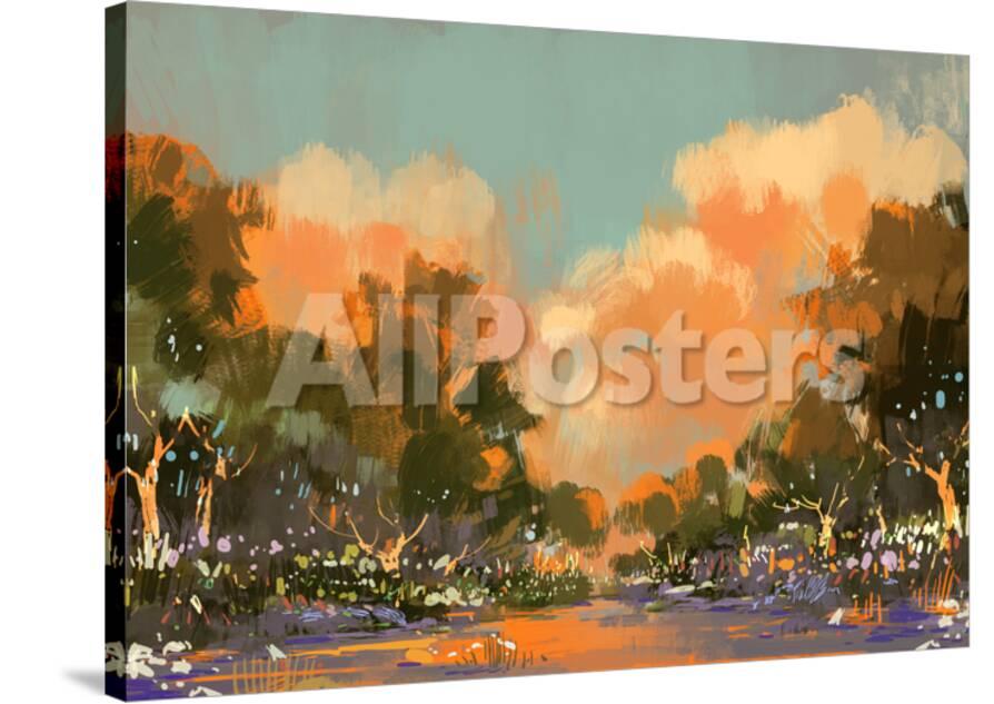 Digital Painting Of The Colorful Path In The Forest Illustration