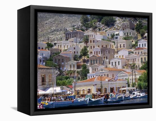 Moored Boats and Waterfront Buildings, Gialos, Symi (Simi), Dodecanese Islands, Greece-G Richardson-Framed Stretched Canvas