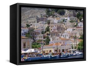 Moored Boats and Waterfront Buildings, Gialos, Symi (Simi), Dodecanese Islands, Greece-G Richardson-Framed Stretched Canvas