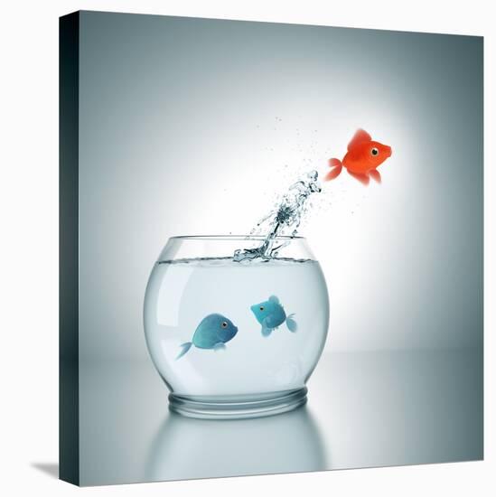 A Fishbowl With A Red Fish Jumping Out Of The Water-magann-Stretched Canvas