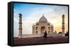 A Man Stands In Fron To F The Taj Mahal With Bird In Flight-Lindsay Daniels-Framed Stretched Canvas