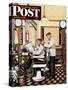 "Barber Getting Haircut," Saturday Evening Post Cover, January 26, 1946-Stevan Dohanos-Stretched Canvas