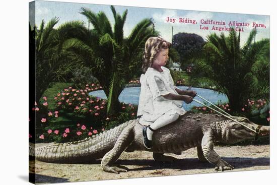 Los Angeles, California - Girl Riding Alligator at the Farm-Lantern Press-Stretched Canvas