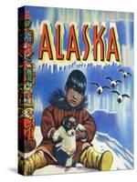 Alaska, View of a Native Child Holding a Puppy, Totem Pole and Penguins-Lantern Press-Stretched Canvas