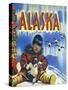 Alaska, View of a Native Child Holding a Puppy, Totem Pole and Penguins-Lantern Press-Stretched Canvas