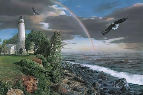 Eagles with Lighthouse by Kevin Daniel Animal Bird Coastal Print Poster 26x18
