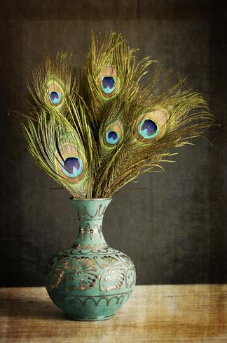 Peacock Feathers In Blue Vase Giclee Print By Tom Quartermaine At