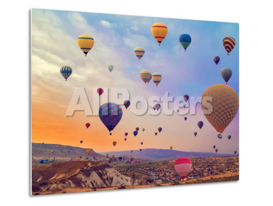 Hot Air Balloons Flying Over Mountains Landscape Sunset Vintage Nature Background