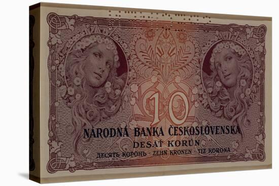 10 Crown Banknote of the Republic of Czechoslovakia, 1920-Alphonse Mucha-Stretched Canvas