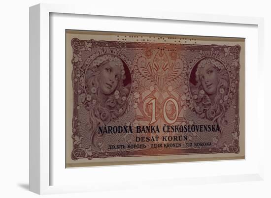 10 Crown Banknote of the Republic of Czechoslovakia, 1920-Alphonse Mucha-Framed Giclee Print