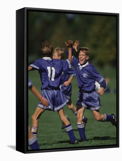 11 Year Old Boys Soccer Player Celebates a Goal-null-Framed Stretched Canvas