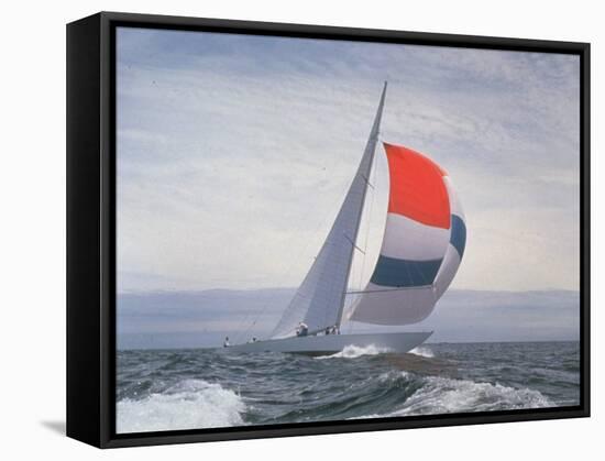 12-m. Yacht Nefertiti, Designed by Ted Hood, Sailing Through Waves at Pre America's Cup Test Run-George Silk-Framed Stretched Canvas