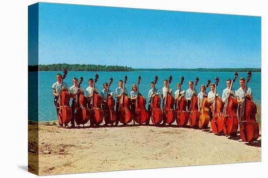 14 Double Bass Players at the Beach, Retro-null-Stretched Canvas
