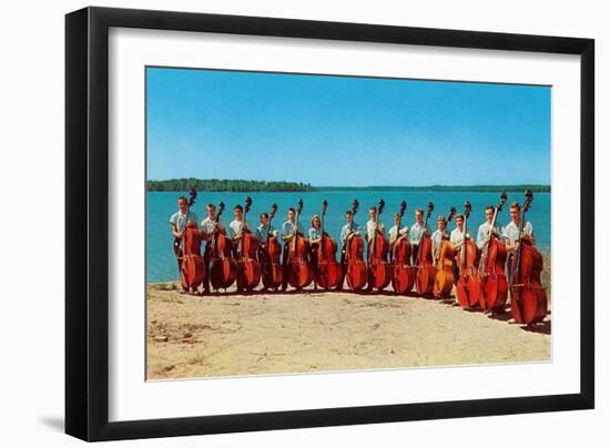 14 Double Bass Players at the Beach, Retro-null-Framed Art Print