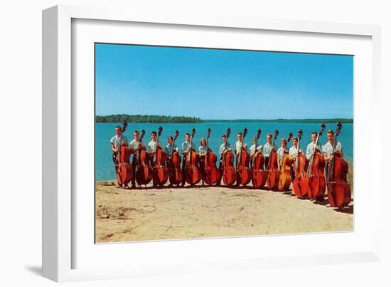 14 Double Bass Players at the Beach, Retro-null-Framed Art Print
