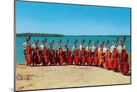 14 Double Bass Players at the Beach, Retro-null-Mounted Art Print