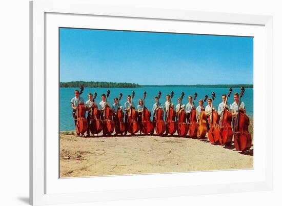 14 Double Bass Players at the Beach, Retro-null-Framed Art Print