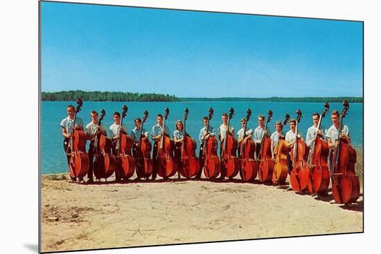 14 Double Bass Players at the Beach, Retro-null-Mounted Art Print