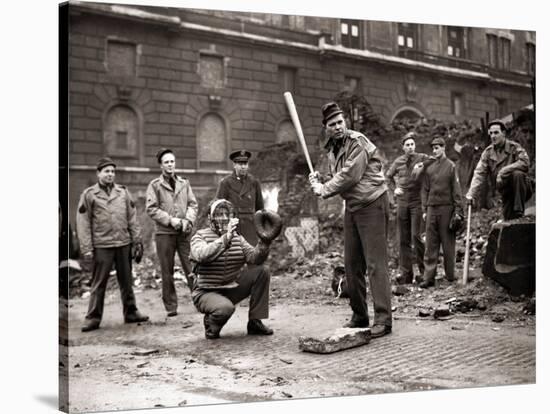 15 American Soldiers Playing Baseball Amid the Ruins of Liverpool, England 1943-null-Stretched Canvas