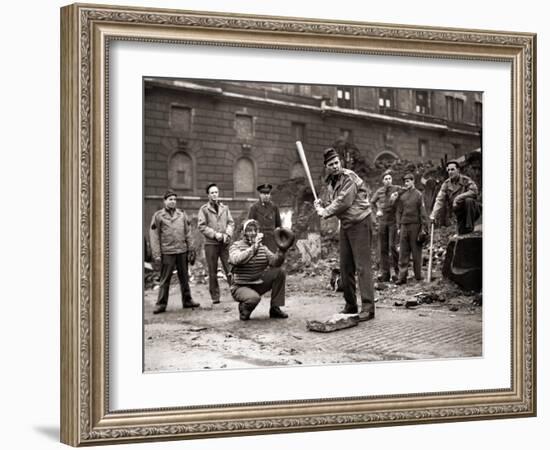 15 American Soldiers Playing Baseball Amid the Ruins of Liverpool, England 1943-null-Framed Photographic Print