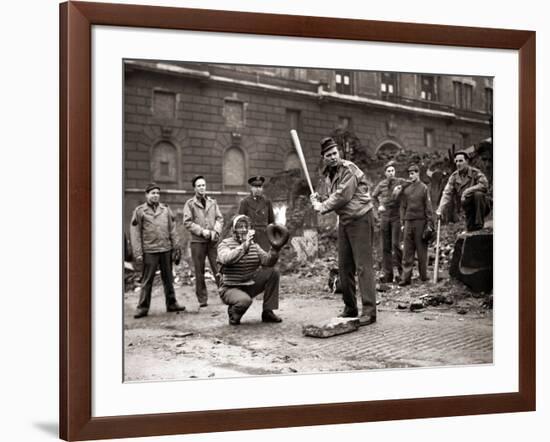 15 American Soldiers Playing Baseball Amid the Ruins of Liverpool, England 1943-null-Framed Photographic Print