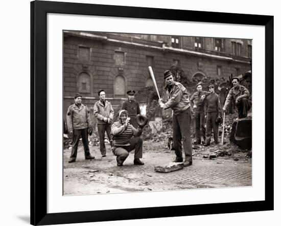 15 American Soldiers Playing Baseball Amid the Ruins of Liverpool, England 1943-null-Framed Photographic Print