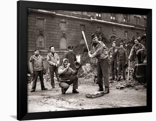 15 American Soldiers Playing Baseball Amid the Ruins of Liverpool, England 1943-null-Framed Photographic Print