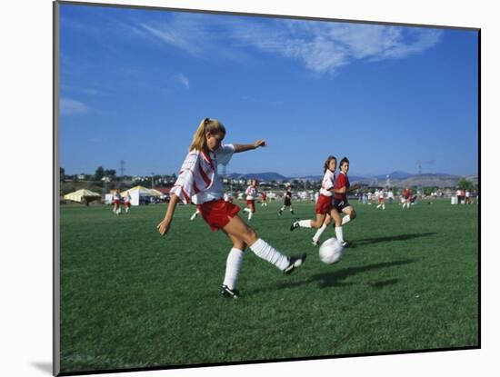 15 Year Old Girls in Action Durring Soccer Game, Lakewood, Colorado, USA-null-Mounted Photographic Print