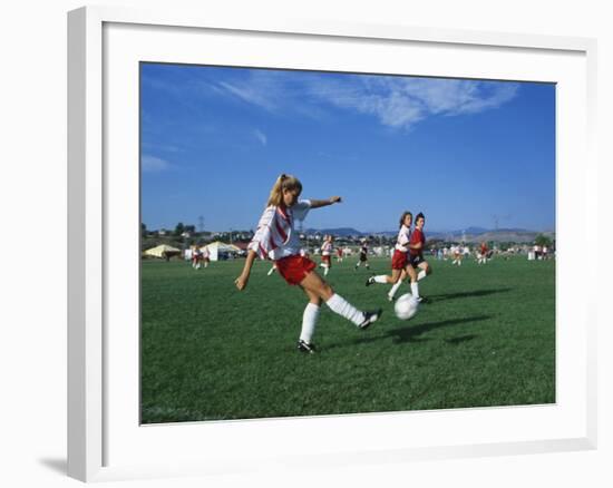 15 Year Old Girls in Action Durring Soccer Game, Lakewood, Colorado, USA-null-Framed Photographic Print