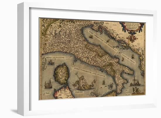 1570 Map of Italy from Abraham Ortelius Atlas, Theatrvm Orbis Terrarvm-null-Framed Art Print