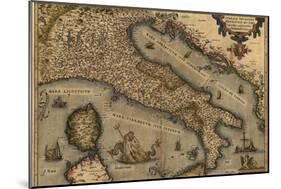 1570 Map of Italy from Abraham Ortelius Atlas, Theatrvm Orbis Terrarvm-null-Mounted Art Print