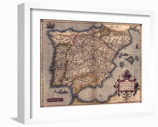 1570 Map of Spain, from Abraham Ortelius' Atlas, Theatrvm Orbis Terrarvm-null-Framed Art Print
