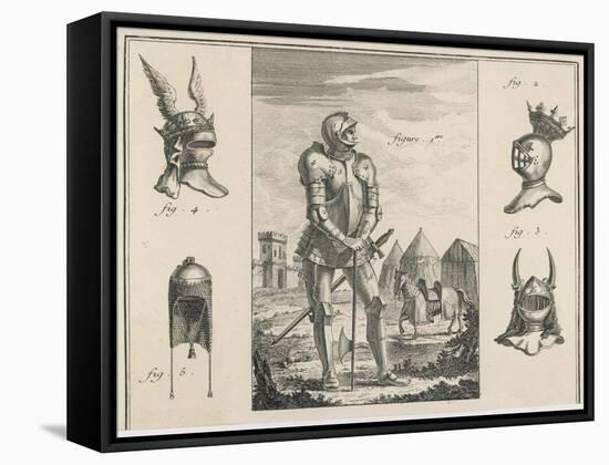 15th Century French Soldier with Full Armour and Various Helmets-Benard-Framed Stretched Canvas