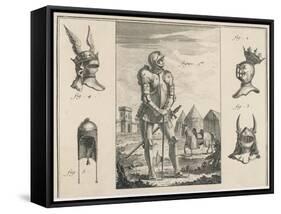 15th Century French Soldier with Full Armour and Various Helmets-Benard-Framed Stretched Canvas