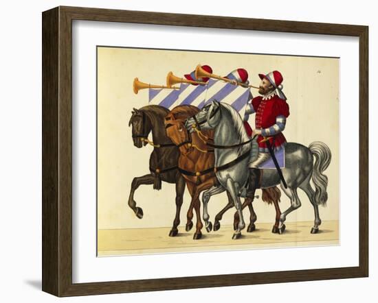 16th Century German Trumpet Players Wearing Colors of Bavaria Accompanying Knights at Tournament-null-Framed Giclee Print