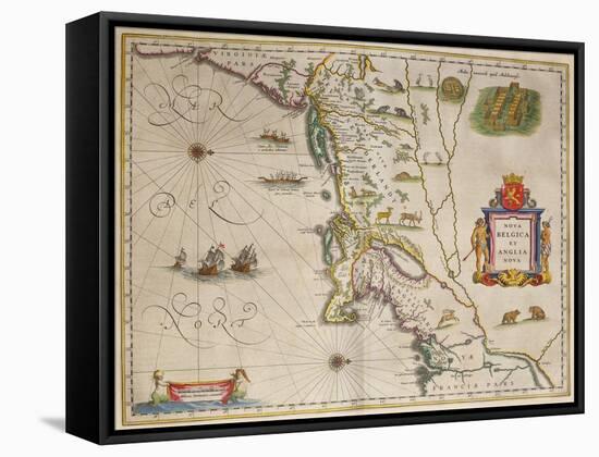 17th Century Map of New Netherland and New England, Gilt Panels, Jean Blaeu, c.1667-null-Framed Stretched Canvas