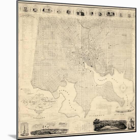 1822, Baltimore Wall Map, Maryland, United States-null-Mounted Giclee Print