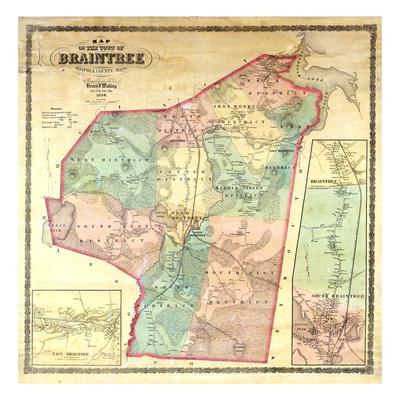 '1856, Braintree Wall Map, Massachusetts, United States' Giclee Print 