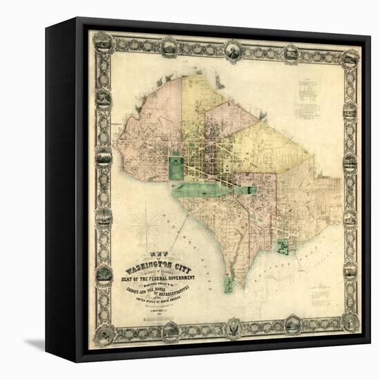 1857, Washington D.C. Wall Map, District of Columbia, United States-null-Framed Stretched Canvas