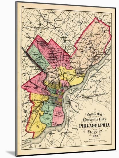 1872, Philadelphia County and City Outline Map, Pennsylvania, United States-null-Mounted Giclee Print