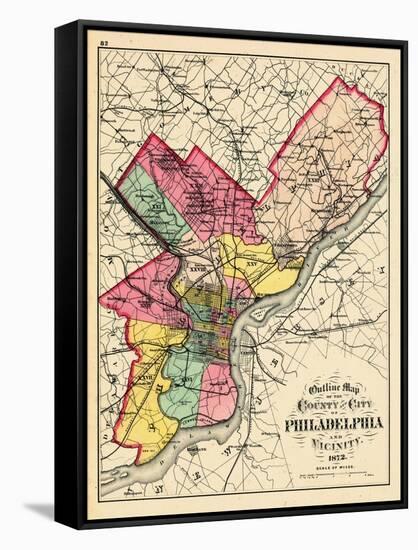 1872, Philadelphia County and City Outline Map, Pennsylvania, United States-null-Framed Stretched Canvas