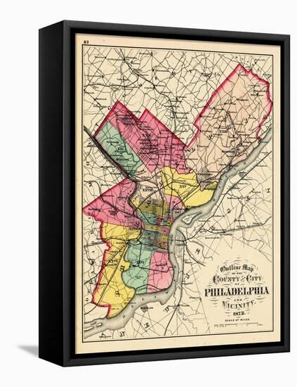 1872, Philadelphia County and City Outline Map, Pennsylvania, United States-null-Framed Stretched Canvas