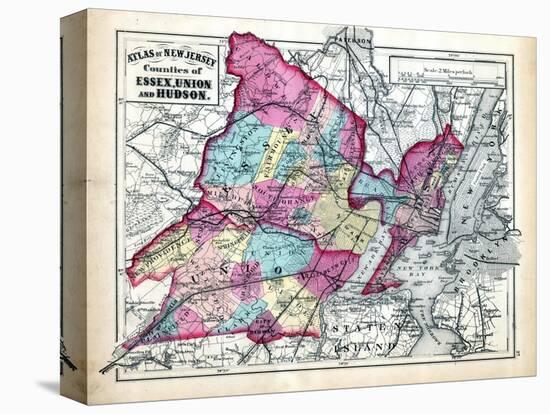 1873, Essex, Union and Hudson Counties Map, New Jersey, United States-null-Stretched Canvas