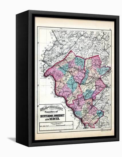 1873, Hunterdon, Somerset and Mercer Counties Map, New Jersey, United States-null-Framed Stretched Canvas