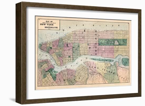 1873, New York and Brooklyn Cities Central Portions Map, New York, United States-null-Framed Giclee Print