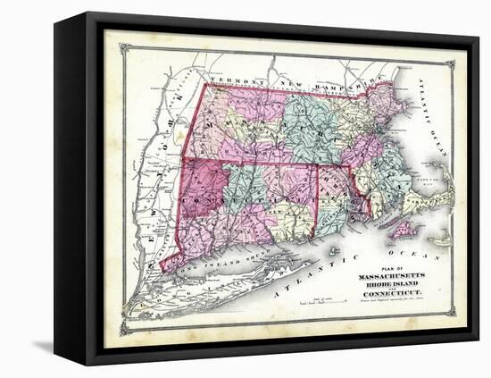 1874, State Map - Connecticut Massachusetts Rhode Island, Connecticut, United States-null-Framed Stretched Canvas