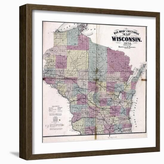 1874, Wisconsin Railroad and Sectional Map, Wisconsin, United States-null-Framed Giclee Print