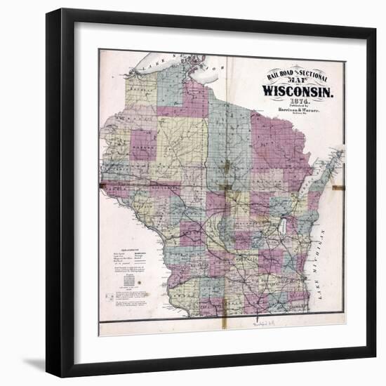 1874, Wisconsin Railroad and Sectional Map, Wisconsin, United States-null-Framed Giclee Print